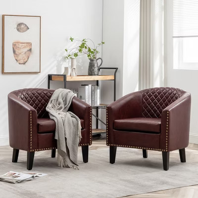 KINWELL Set of 2 PU Faux Leather Club Armchair with Nailheads - Burgundy | Target