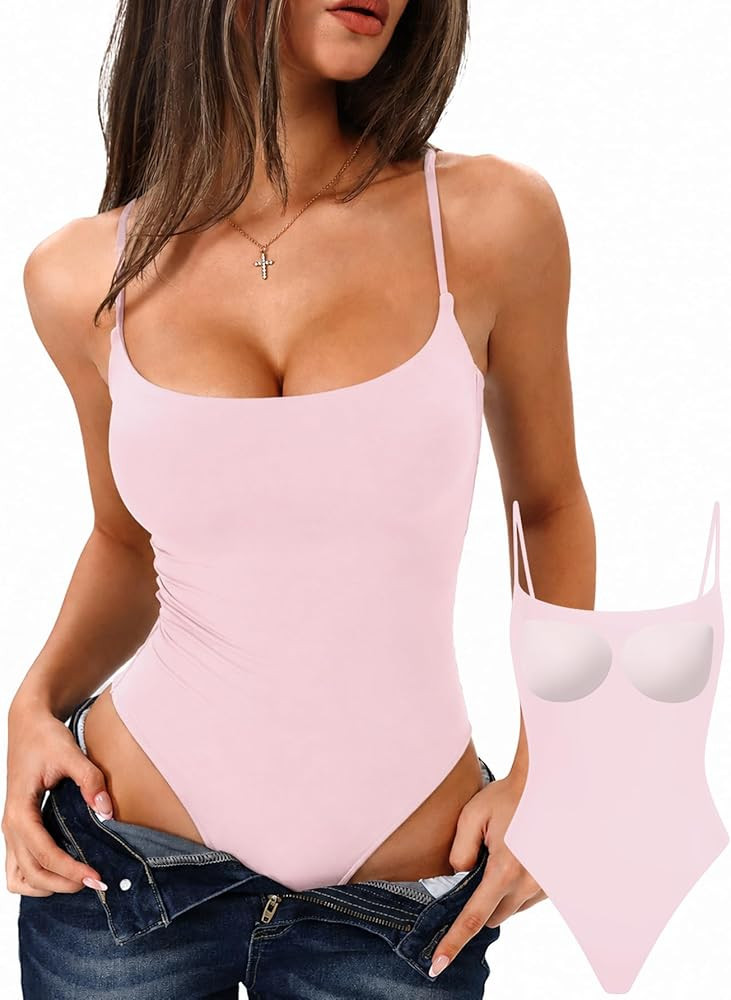 Starrylion Padded Double Lined No See Through Spaghetti Strap Bodysuit Square Neck Stretchy Fitte... | Amazon (US)