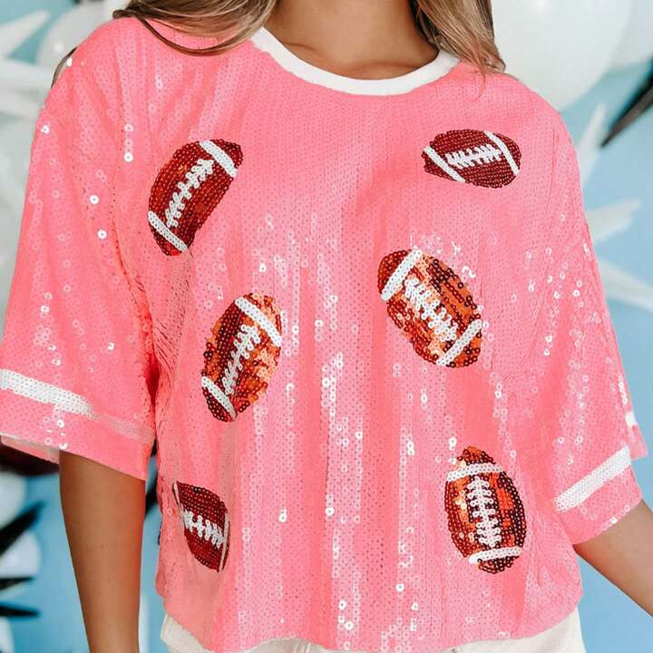 Womens Summer Fashion Sequins T-Shirt Short Sleeve Crewneck Rugby Print Tops For Party | SHEIN