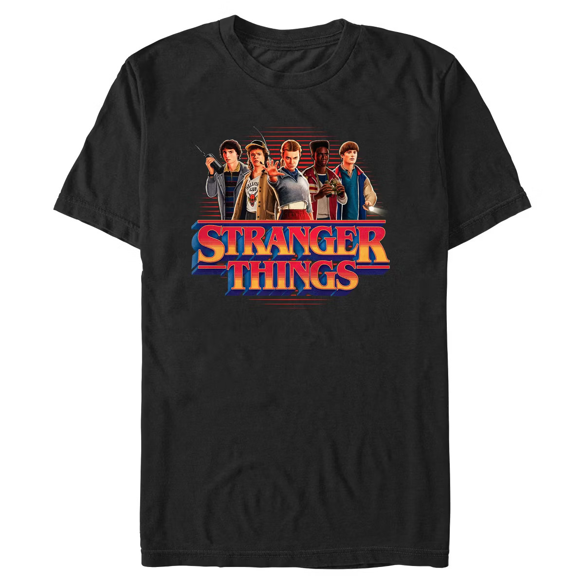 Mens Stranger Things Retro Friend Group Main Logo T Shirt - Black - Small | Target