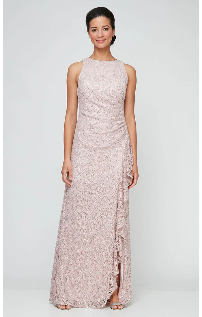 Long Sleeveless Lace Dress with Cascade Ruffle Front Slit Detail | Alex Evenings