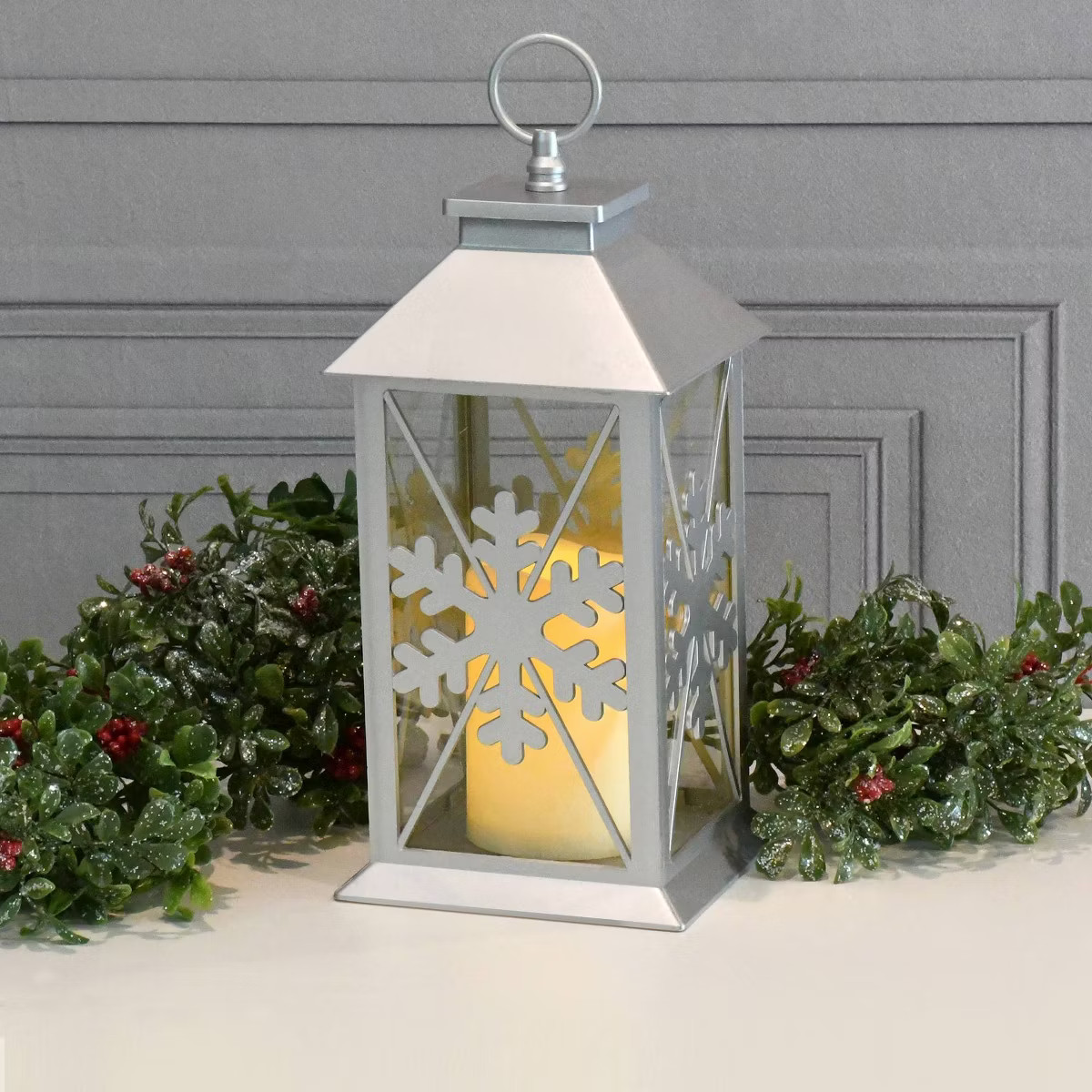 Lumabase Silver Snowflake Lantern with Battery Operated Candle | Target