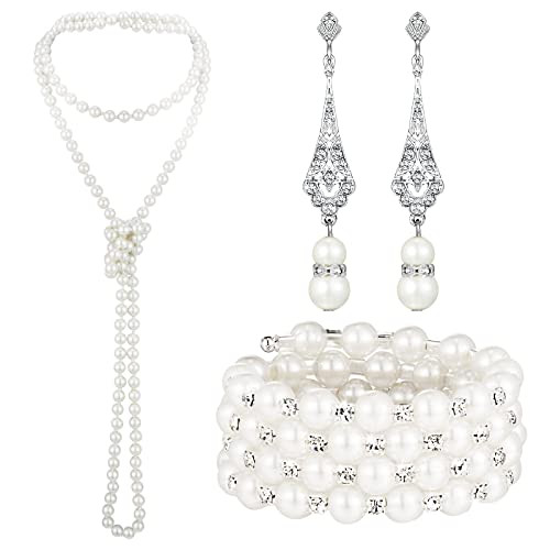 3 Pcs 1920s Pearl Jewelry Set - Including Pearl Necklace, Dangle Rhinestone Earrings & Bracelet f... | Amazon (US)
