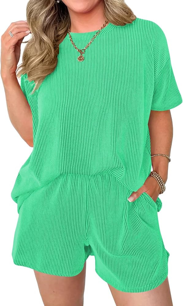 miduo Womens 2 Piece Sets Ribbed Textured Knit Casual Short Sleeve Shirts Shorts Two Piece Lounge... | Amazon (US)