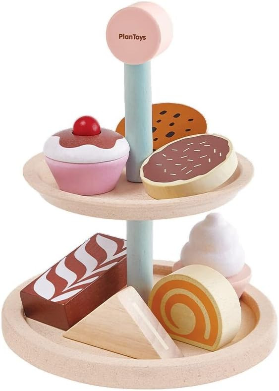 PlanToys Wooden Two-Tier Bakery Stand Set with Baked Food Items (3489) | Sustainably Made from Ru... | Amazon (US)
