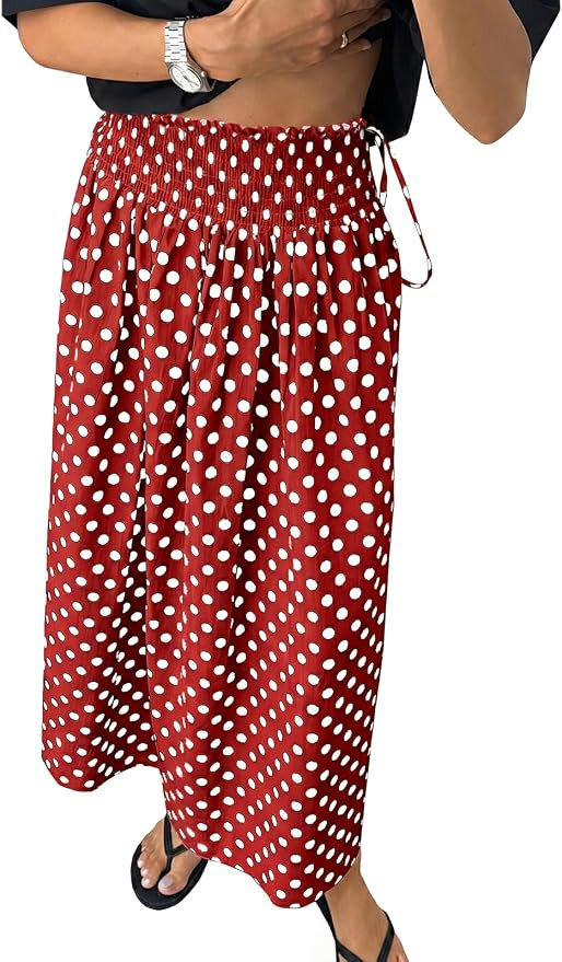 Tankaneo Womens Polka Dot Maxi Skirts Boho Smocked High Waisted Tie Skirt Casual Beach Vacation D... | Amazon (US)