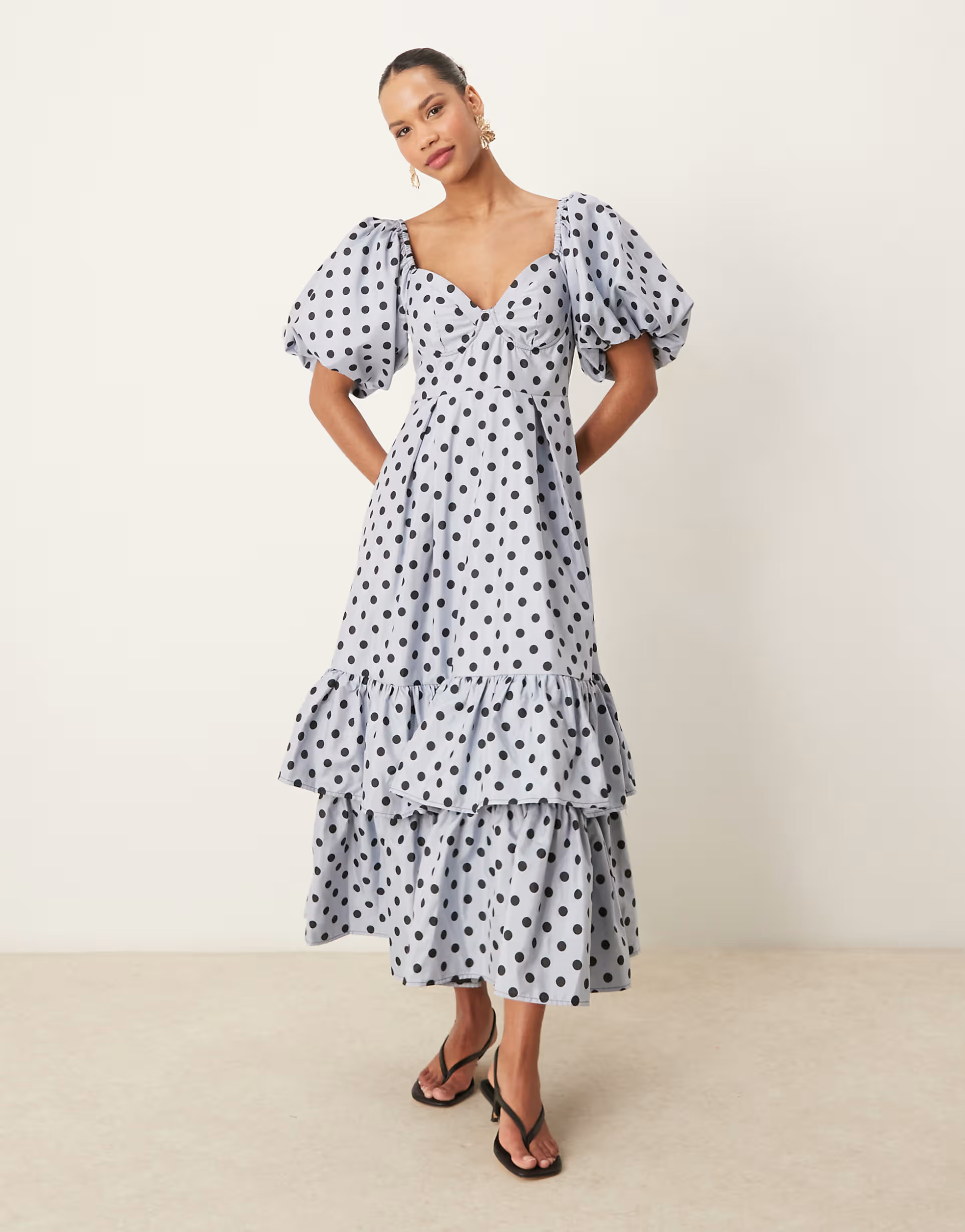 Dream Sister Jane puff sleeve ruffle maxi dress in pale blue polka dot | ASOS (Global)