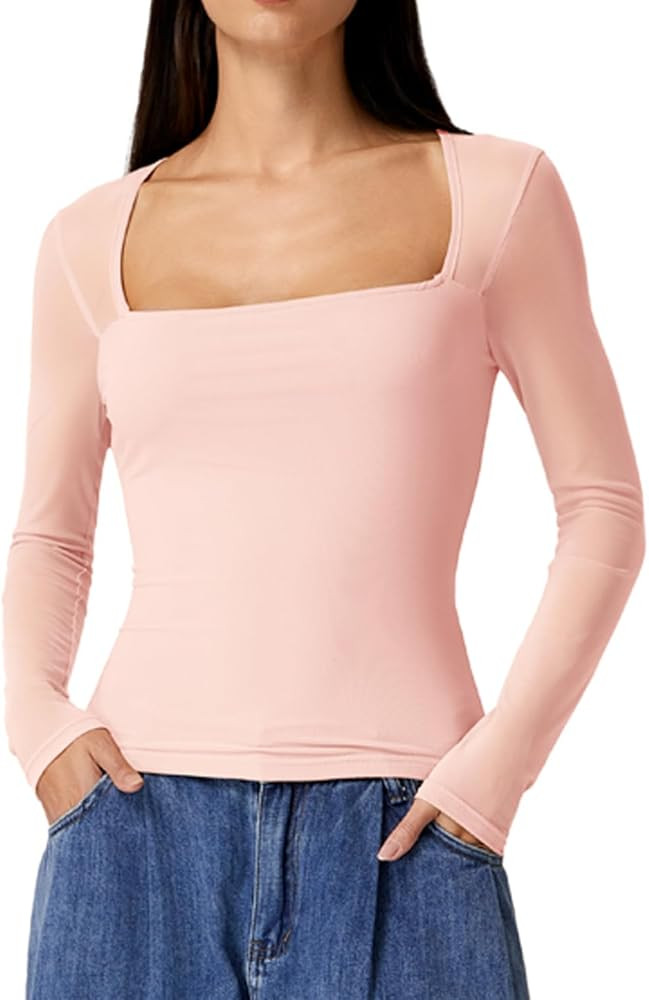 QINSEN Womens Square Neck Long Sleeve Mesh Sheer Top Double Lined Going Out Basic Shirt | Amazon (US)