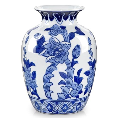 Blue and White Ceramic Vase, 8.4" Tall Chinoiserie Flower Vase Decor with Wide Mouth, Decorative Porcelain Vases for Centerpieces, Table, Shelf & Home Decor, Weddings, Housewarming & Timeless Gift | Amazon (US)