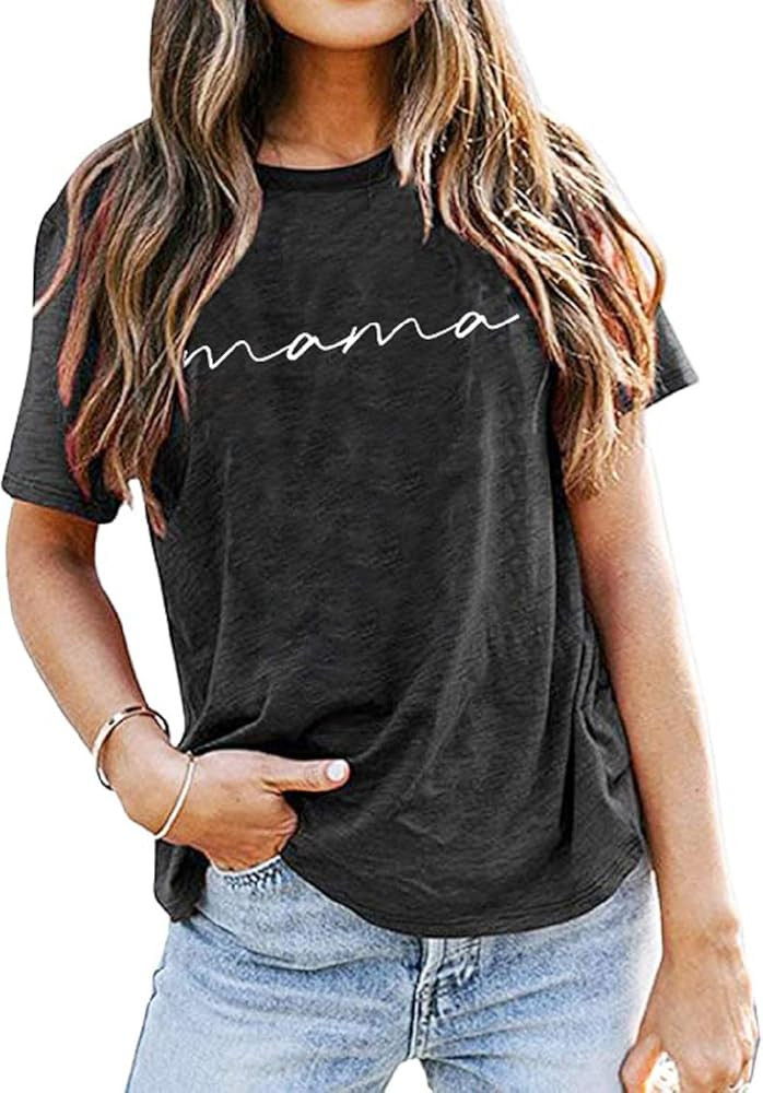 ASTANFY Mama Shirts Women Mama Letter Printed T-Shirt Mama Graphic Tee Casual Short Sleeve Tops T... | Amazon (US)
