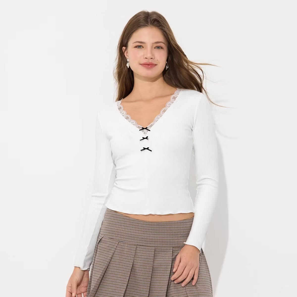 Women's Long Sleeve V-Neck Lace Trim Super Soft Top - Wild Fable™ White XL | Target