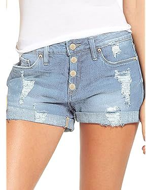 luvamia Women's Ripped Denim Jean Shorts High Waisted Stretchy Folded Hem Short Jeans | Amazon (US)