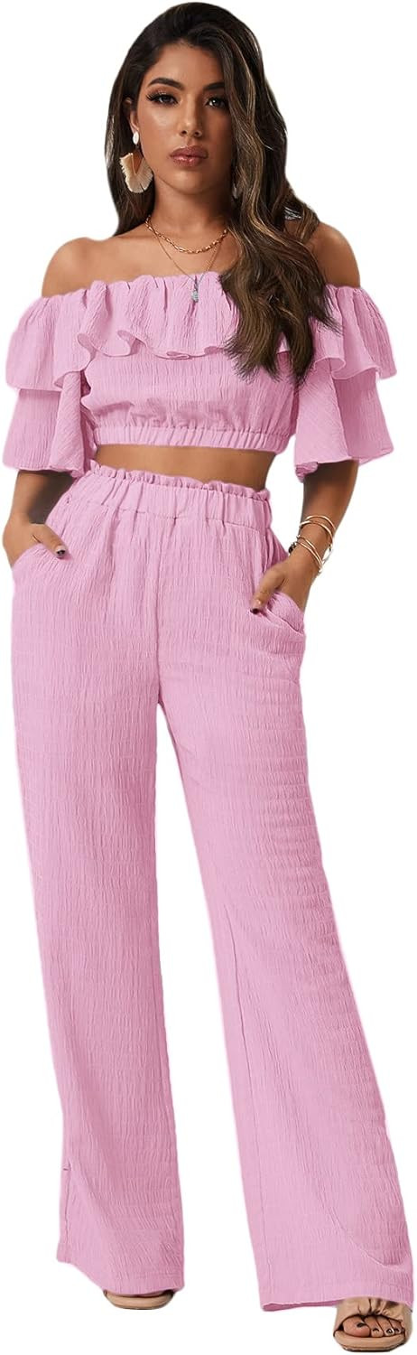 Romwe Women's 2 Piece Outfit Off The Shoulder Crop Top Wide Leg Pants Set | Amazon (US)