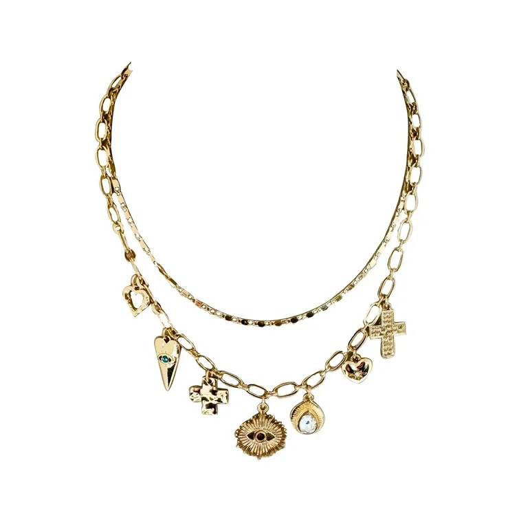 No Boundaries Multi Charm Hearts, Cross, Evil Eye Gold Plated Necklace for Female Adults and Teen... | Walmart (US)