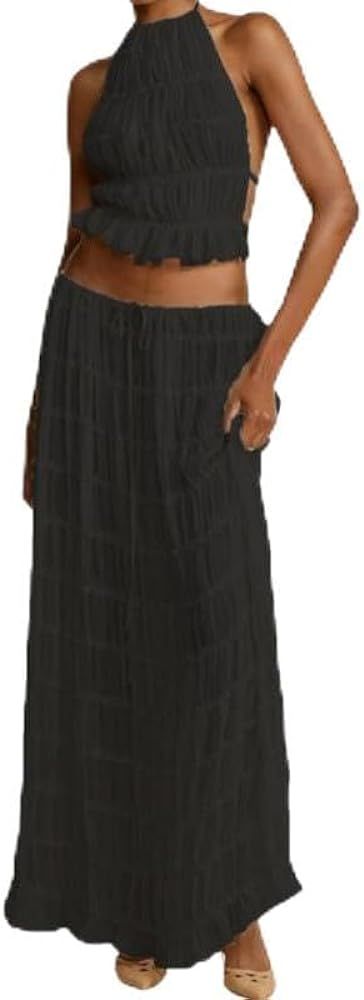 SOOKABEILA Womens 2 Piece Maxi Skirt Set Lace Up Sleeveless Tank Top and Flowy Long Skirt 2024 Su... | Amazon (US)