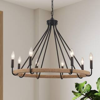 ZJVAIVE 8-Light Black Candlestick Wagon Wheel Chandelier Hemp Rope Linear Chandelier Lighting for... | The Home Depot