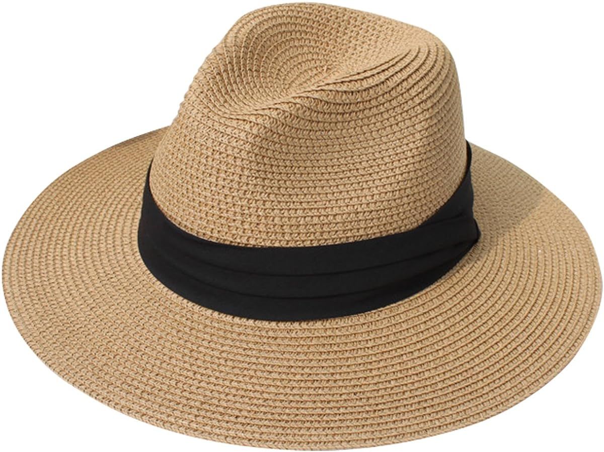 Lanzom Women Wide Brim Straw Panama Roll up Hat Belt Buckle Fedora Beach Sun Hat UPF50+ | Amazon (US)