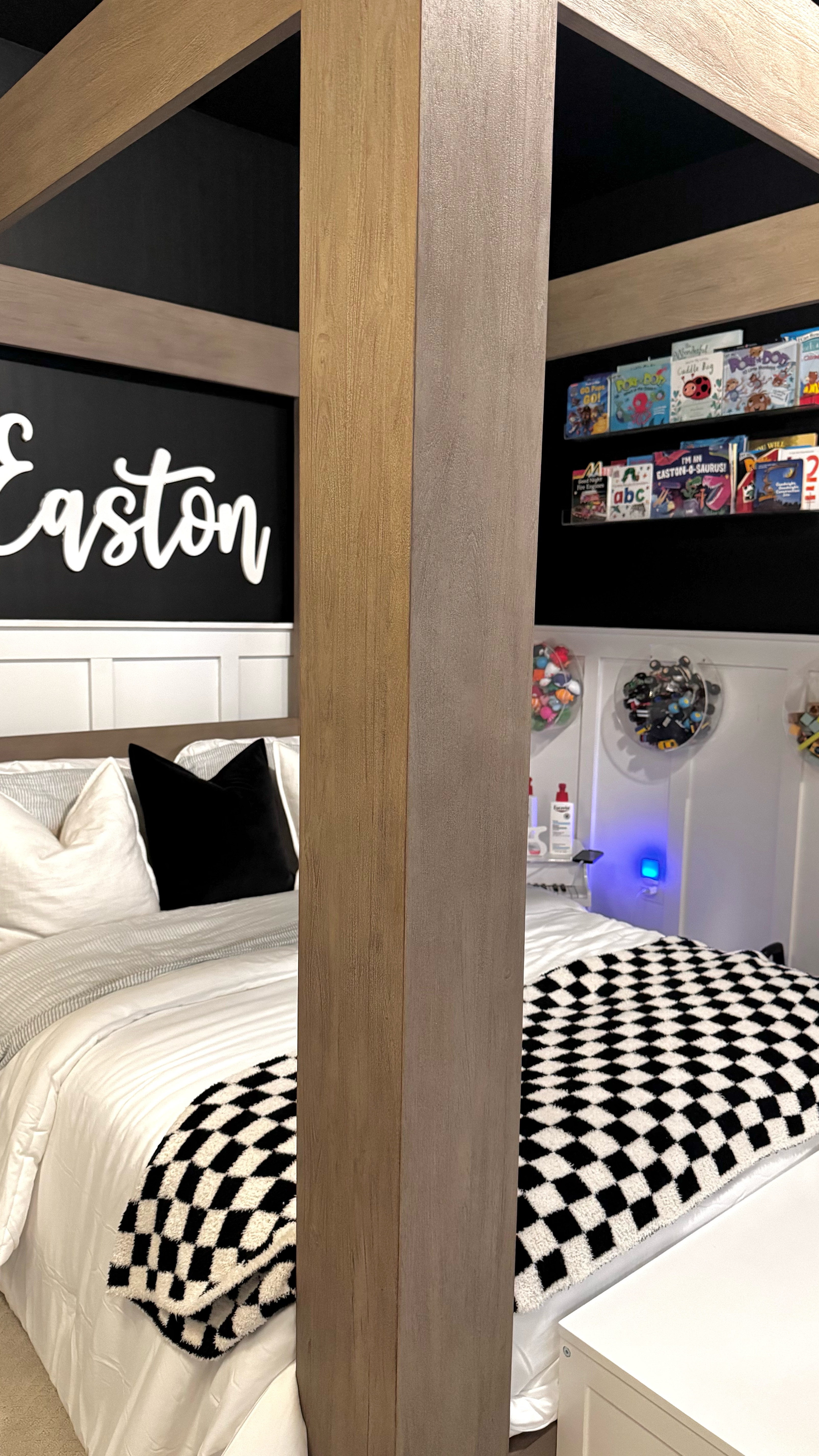🖤🤍Easton's Room Reveal 🤍🖤
‌
I couldn't be more proud of the work we've done in Easton's room. I poured so much love and attention into every single detail.
‌
Y'all know how much I love picture frame molding but I felt the board and batten was the perfect woodwork for his room. It's fun yet timeless. His room stands out from the rest of the house, and he loves it.
‌
Every single night he is so ready to go to sleep and he's proud to call this space his. I hope you all enjoy his room reveal as much as I enjoyed creating it 🖤
‌
Watercolor prints: @jenniebdesignstudio 
Bed: RH
Wood Materials: @loweshomeimprovement 
Paints: @hgtvhomebysherwinwilliams Extra White and Tricorn 
Toy Storage: @potterybarnkids 
‌
‌
#RoomReveal #KidsRoomInspo #Upscale #blackandwhitedecor #blackandwhitedesign #ToddlerBoyRoom #blackdesigners #BlackDIYer #diyer