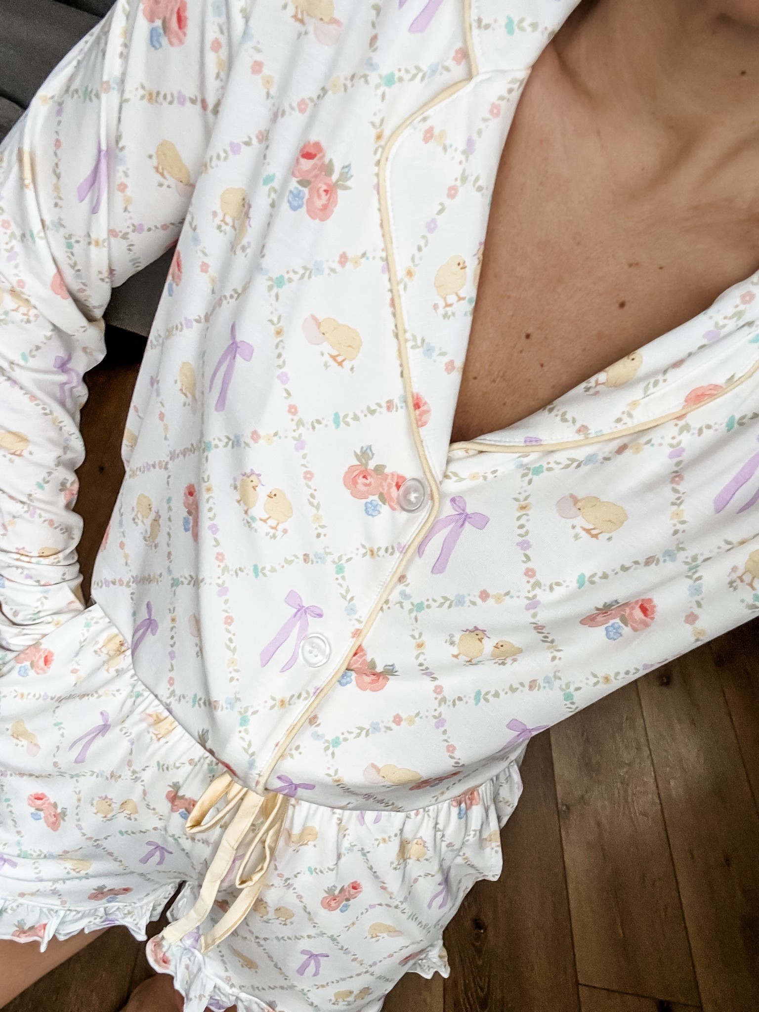 Wearing small pajamas. Spring PJs. Spring pajamas. Easter PJs. Easter pajamas.

#LTKOver40