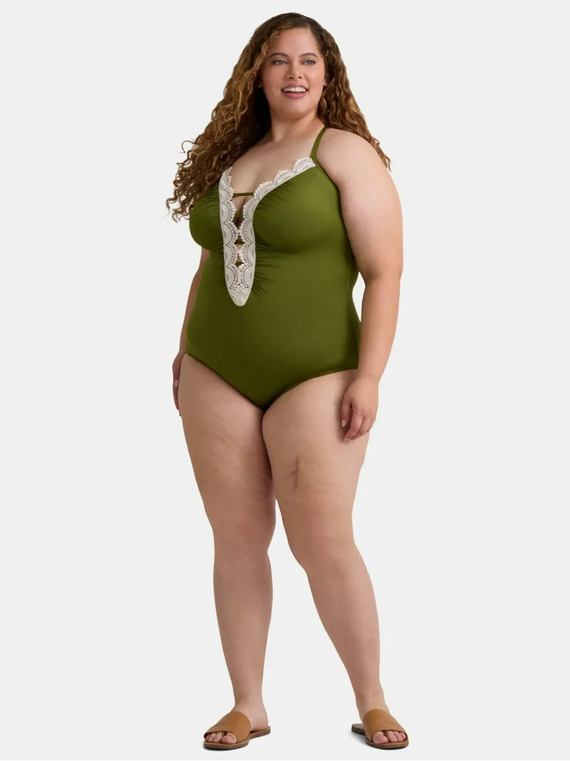 Time and Tru Women's and Women’s Plus Plunge One Piece Swimsuit with Crochet Lace Trim, Sizes X... | Walmart (US)