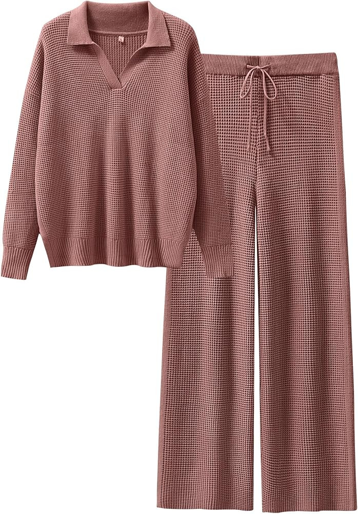 ANRABESS Womens Two Piece Outfits Sweater Sets Waffle Knit Pullover Wide Leg Pants Tracksuit Swea... | Amazon (US)