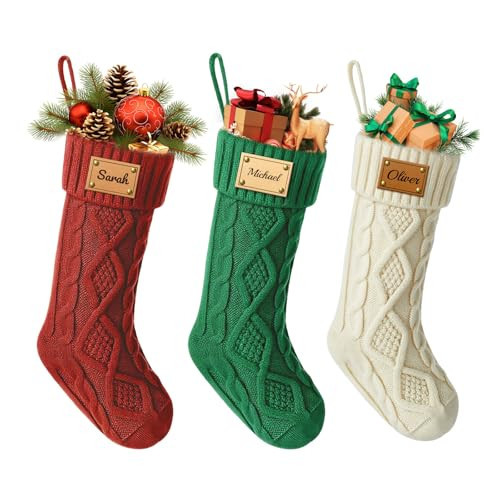 CDBUY Personalized Christmas Stockings with Engraved Name, Custom Knitted 18" Large Xmas Stockings for Family Fireplace Mantel, Holiday Decoration (5, Engraved) | Amazon (US)