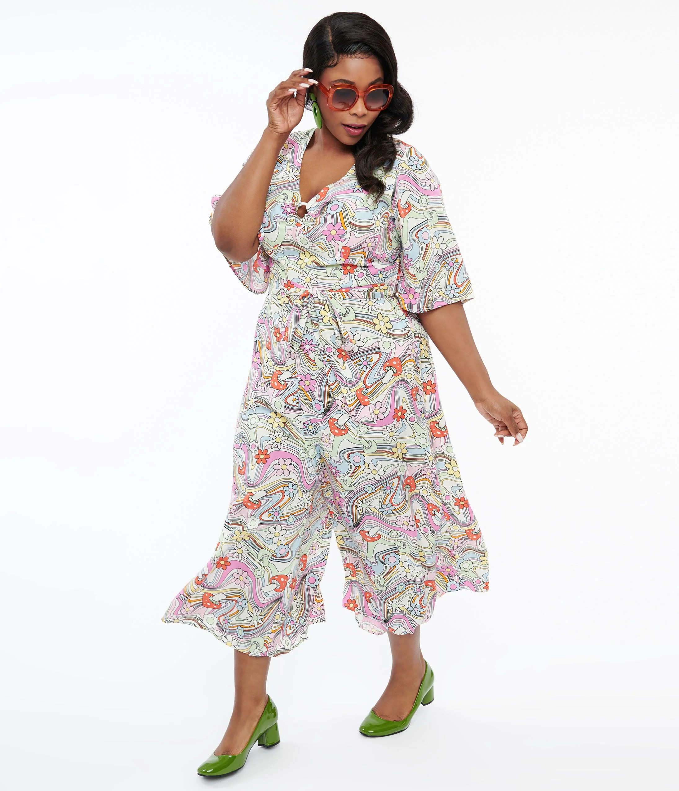 Hell Bunny Plus Size 1960s Pastel Rainbow Hazy Daze Floral Jumpsuit | UniqueVintage
