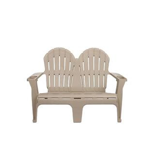 54 in. Putty Beige Plastic 2-Person Outdoor Adirondack Bench with Phone and Cup Holders | The Home Depot