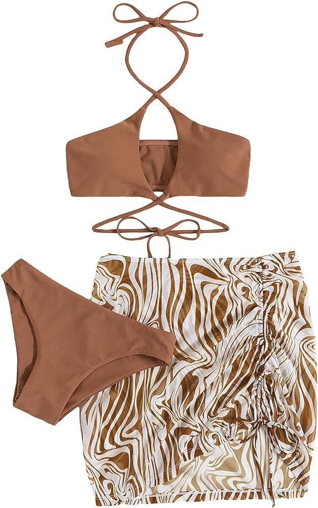 GORGLITTER Women's 3 Piece Swimsuit Criss Cross Tie Back Halter Bikini Set with Allover Print Dra... | Amazon (US)