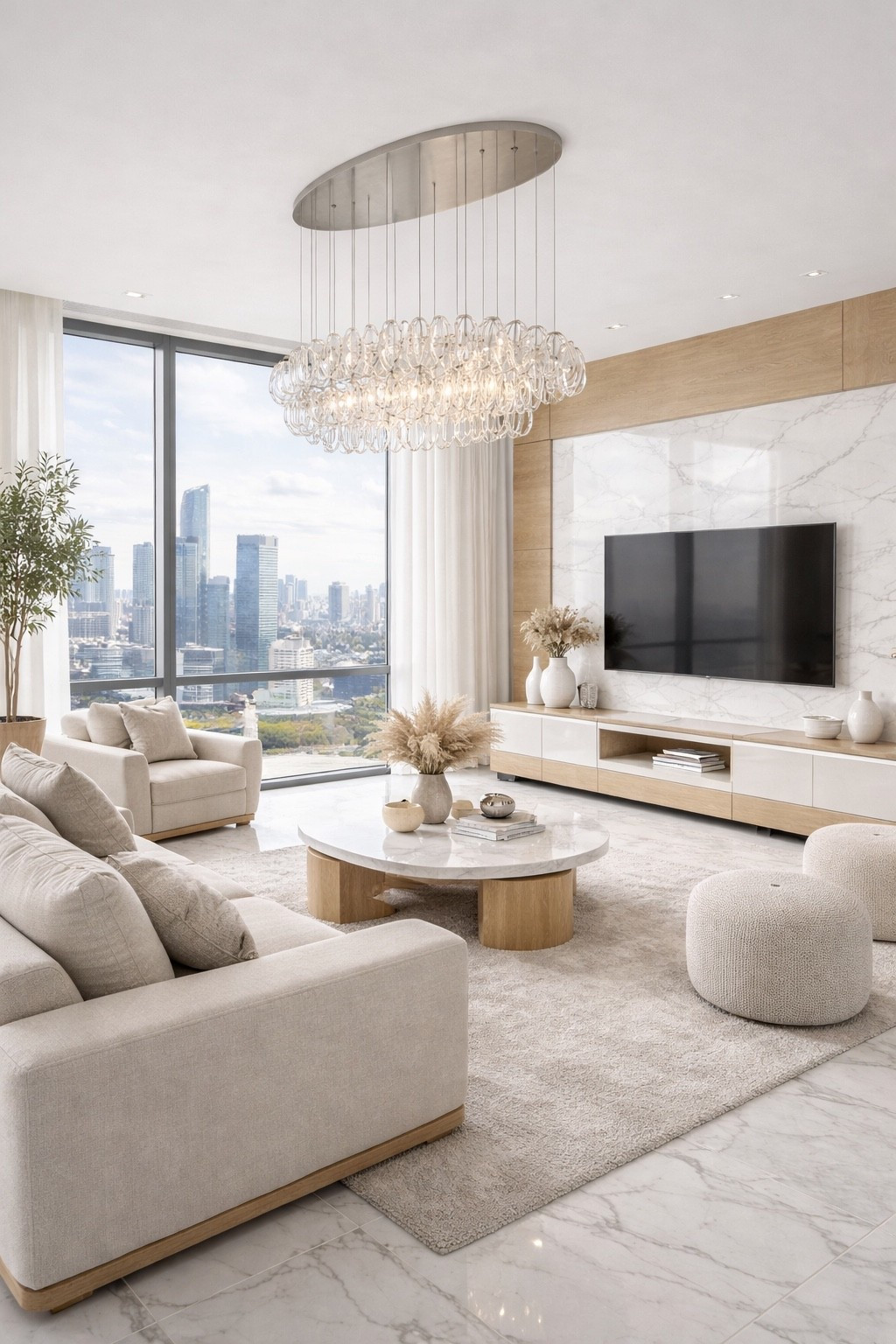 This elegant modern living room features a marble TV accent wall, soft neutral sofas and a stunning crystal chandelier that adds a touch of luxury. Floor-to-ceiling windows bring in natural light and beautiful city views, while warm wood accents and minimalist decor create a sophisticated and inviting space. Perfect inspiration for a contemporary luxury living room with timeless design.

#luxurylivingroom
#modernlivingroom
#luxuryinteriors
#livingroomdesign
#moderninteriordesign
#neutralinterior
#marbleinterior
#luxuryhome
#interiordesignideas
#modernhomeinspo
#contemporaryliving
#homeinspiration
#elegantinterior
#minimalistinterior
#dreamlivingroom