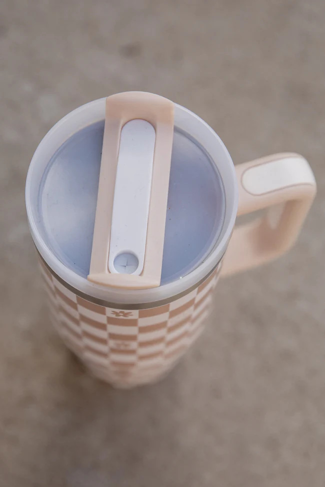 Sippin' Pretty Neutral Smiley and Daisy Checkered 40oz Drink Tumbler With Lid And Straw | Pink Lily