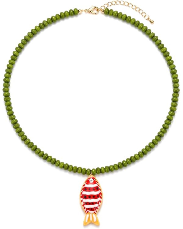 Colorful Beaded Fish Necklace for Women Chunky Fish Pendant Necklace Resin Beaded Necklace Summer... | Amazon (US)