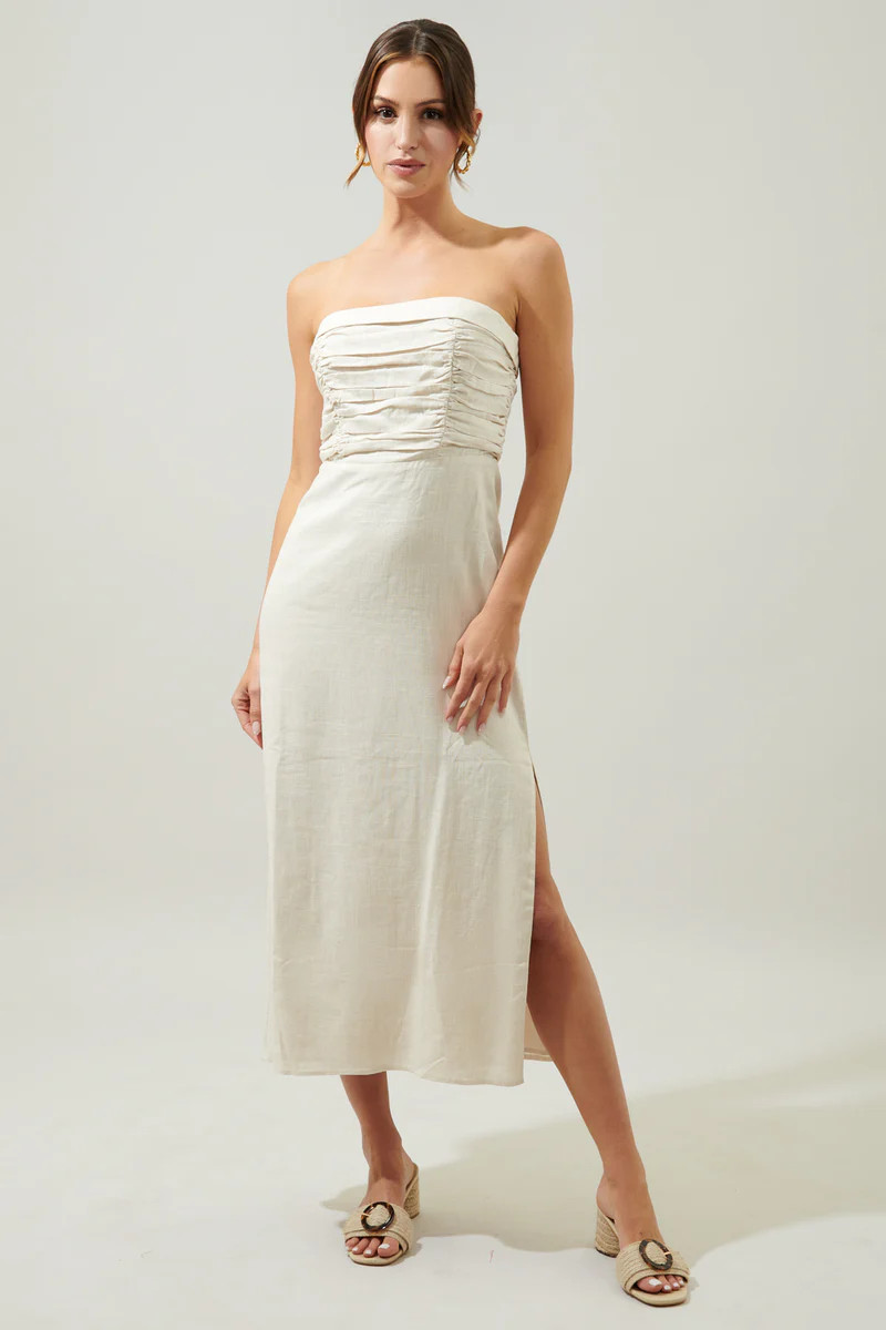 Morro Bay Strapless Ruched Midi Dress | Sugarlips