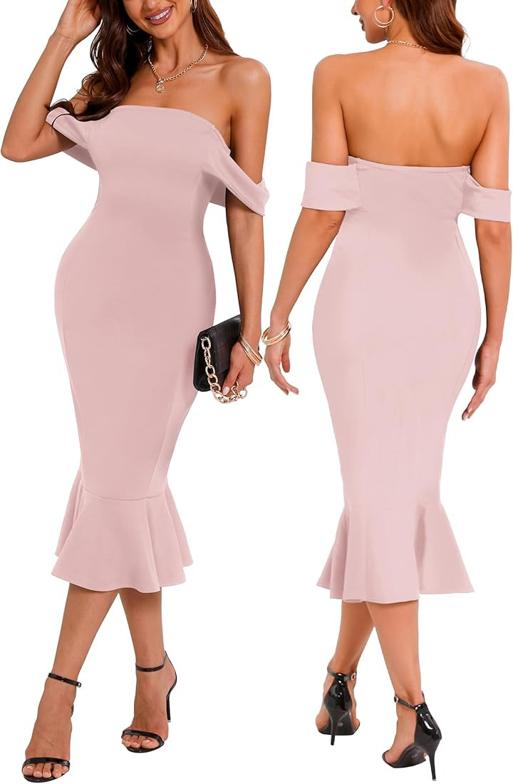 Off Shoulder Bodycon Midi Dresses Elegant Mermaid Cocktail Party Dresses Sexy Dress | Amazon (US)