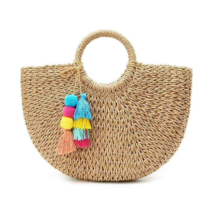 Women's Large Straw Bag Hand-Woven Round Handle Ring Tote Summer Beach Handbag | Amazon (US)