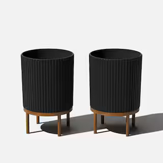 Demi Medium Black Plastic Round Planter with Brown Stand and Drainage Holes (15 in. L x 15 in. W ... | The Home Depot