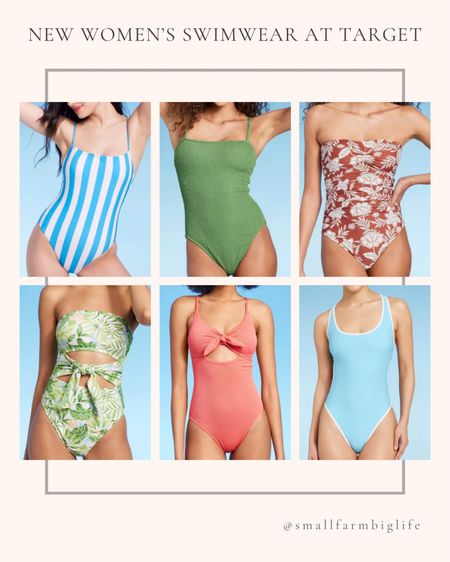 New women’s swimwear at Target. Swimsuit. Summer. Blue and white striped square neck high leg cheeky one piece swimsuit. Blue with white edge racer back high leg one piece swimsuit. Green pucker textured medium coverage one piece swimsuit. Floral pattern shirred bandeau one piece swimsuit. Green floral bandeau tie front cut out one piece swimsuit. Crepe bralette tie front one piece swimsuit  

#LTKOver40 #LTKSwim #LTKFindsUnder50