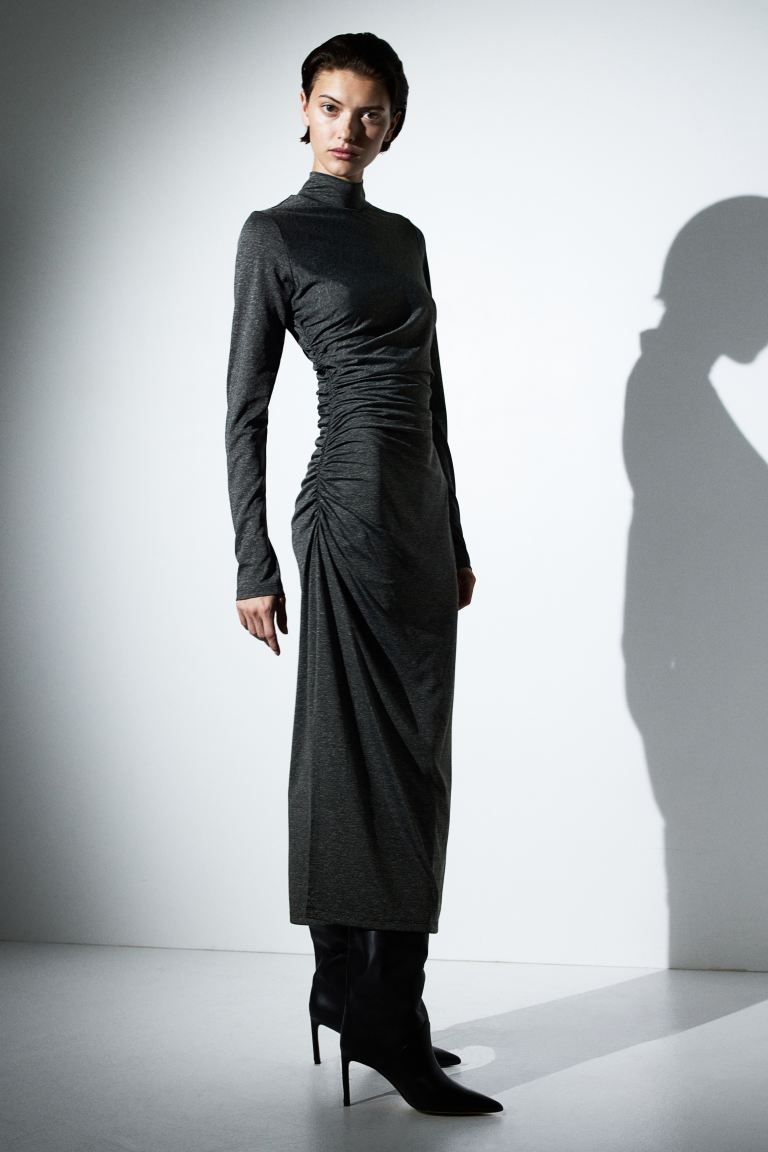 Gathered Mock Turtleneck Dress - Dark gray melange - Ladies | H&M US | H&M (US + CA)
