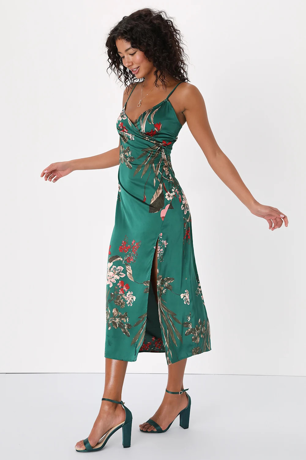Remarkable Entrance Emerald Green Floral Print Satin Midi Dress | Lulus (US)