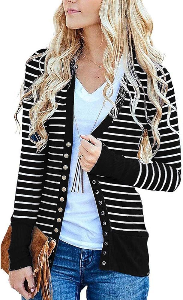 RichCoco Women's Button Down Cardigan Long Sleeve Tops Shirts Outwear Solid Knit Ribbed Open Fron... | Amazon (US)