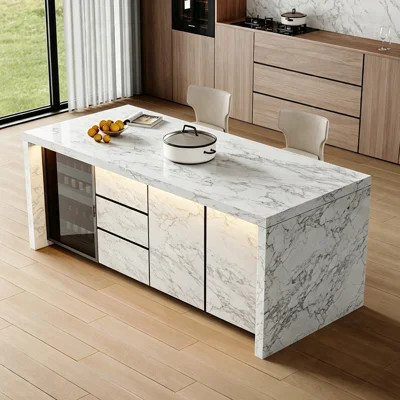 Pre-Assembled Marble Kitchen Island with Glass Door Cabinet, Drawers and Storage - Multi-Functional Dining Table | Wayfair North America