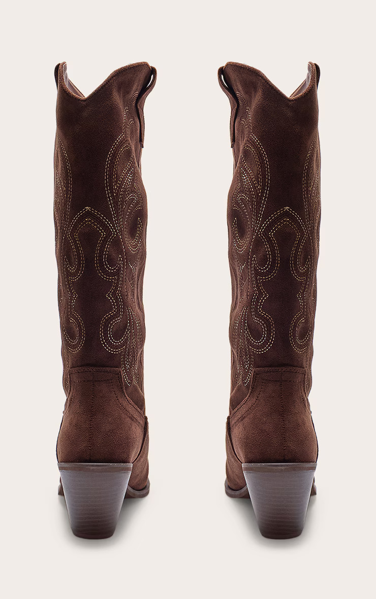 Chocolate Faux Suede Point Toe Calf High Western Boots | PrettyLittleThing UK