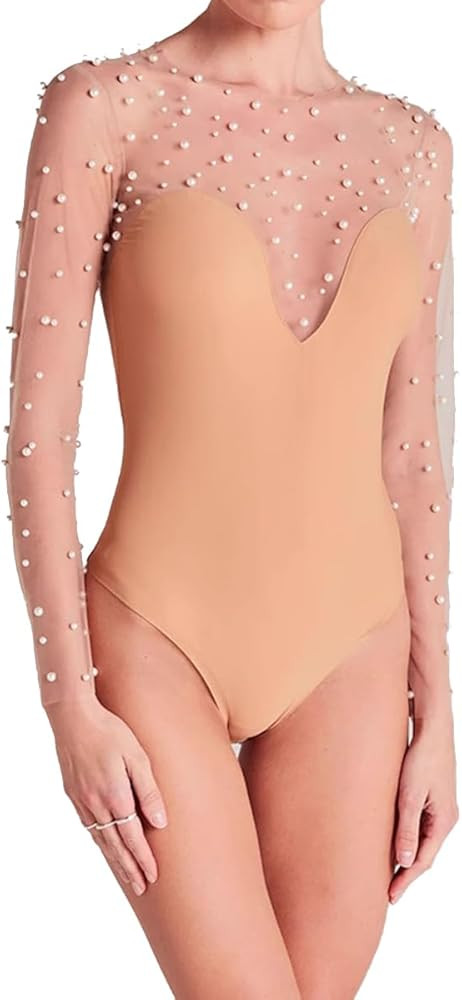 Mesh Pearl Top Sheer Bodysuit For Women Pearl Long Sleeve Bodysuit With Snap Crotch | Amazon (US)