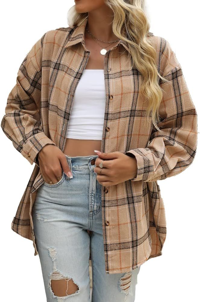 CHYRII Womens Button Down Flannel Shirts Long Sleeve Plaid Shackets Business Casual Blouse Top | Amazon (US)