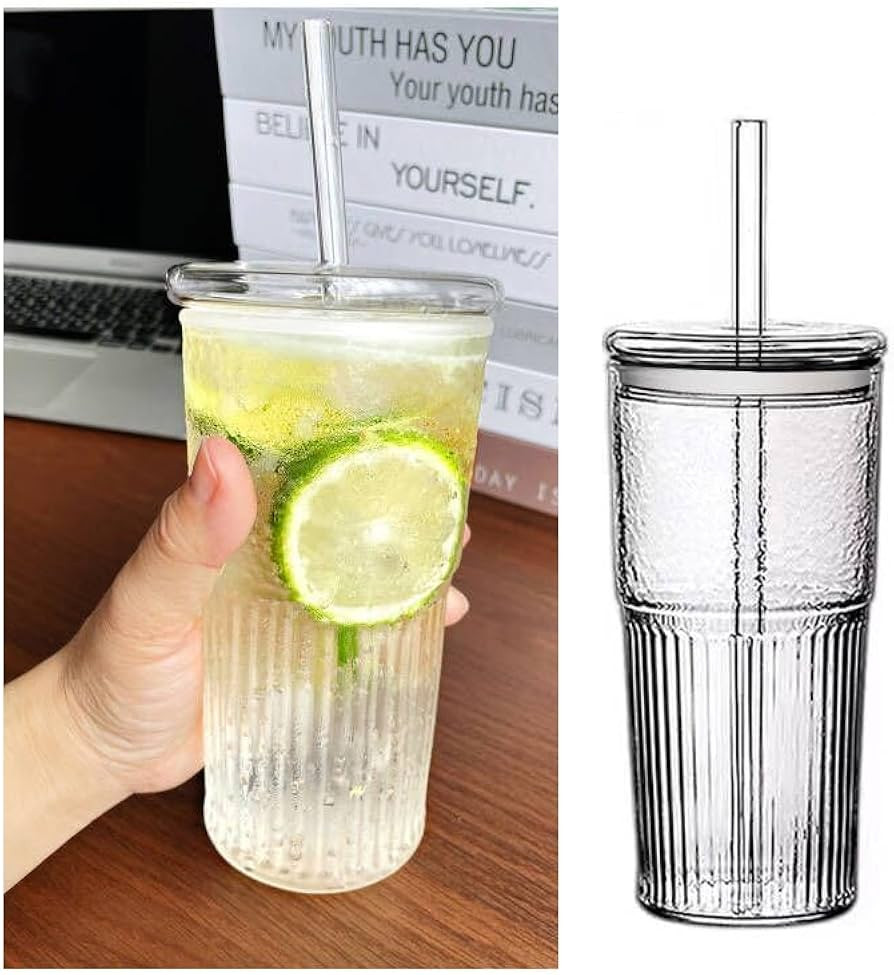 Lioong 2pcs Transparent Stripe Glass Water Cup with Lid and Straw Bubble Tea Cups Juice Glass Mil... | Amazon (US)