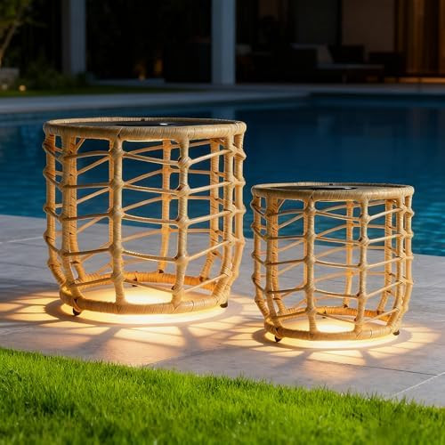 PARTPHONER Boho Solar Outdoor Side Table with Built-in Lights Set of 2, All-Weather Wicker Nestin... | Amazon (US)