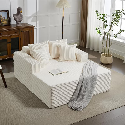 61" Oversized Chaise Lounge Chair, Upholstered Corduroy Couch with 4 Pillows, Armrest Sleeper Sofa Bed for Bedroom or Living Room, Beige | Target