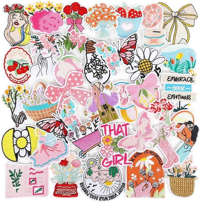 Cute Girly Iron on Patches: 36PCS Pink Conquette Embroidered Patches for Clothing Jackets Hats Ba... | Amazon (US)