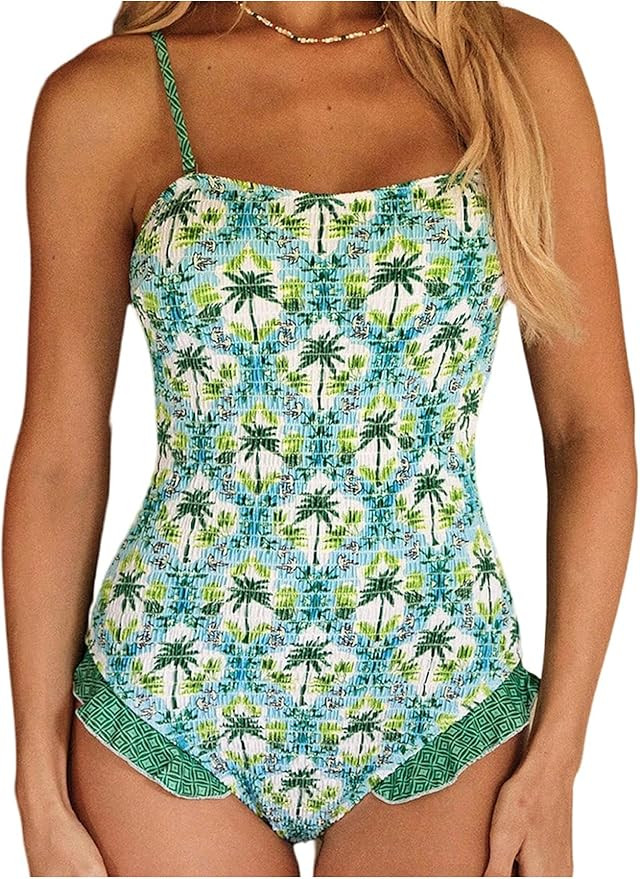 MakeMeChic Women's One Piece Swimsuit Tropical Print Ruffle Tummy Control Smocked Bathing Suit | Amazon (US)