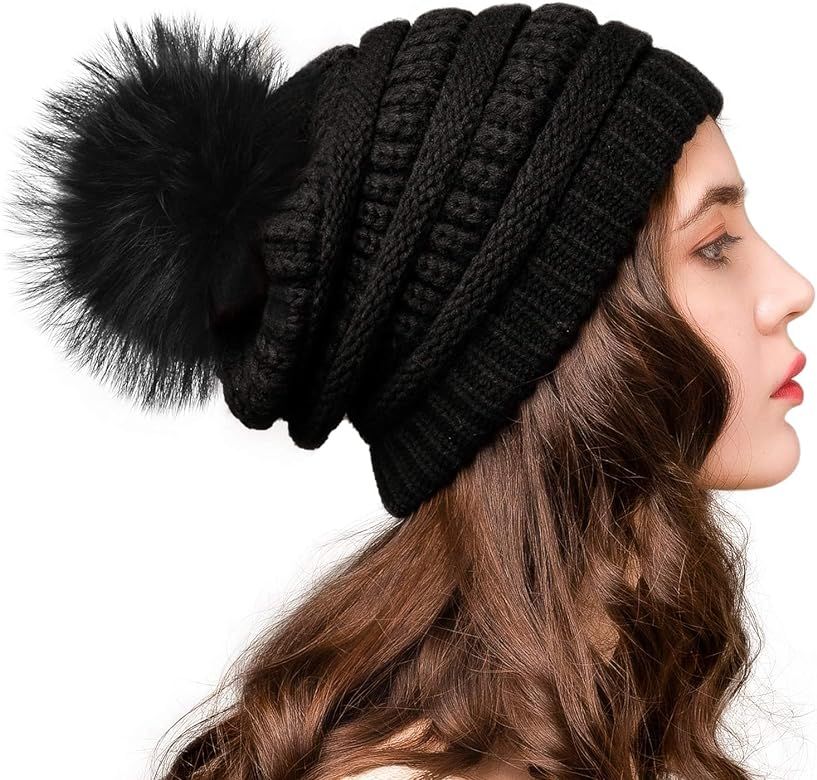 Winter Hats Beanie for Women Lined Slouchy Knit Skiing Cap Real Fur Pom Pom Hat for Girls | Amazon (US)